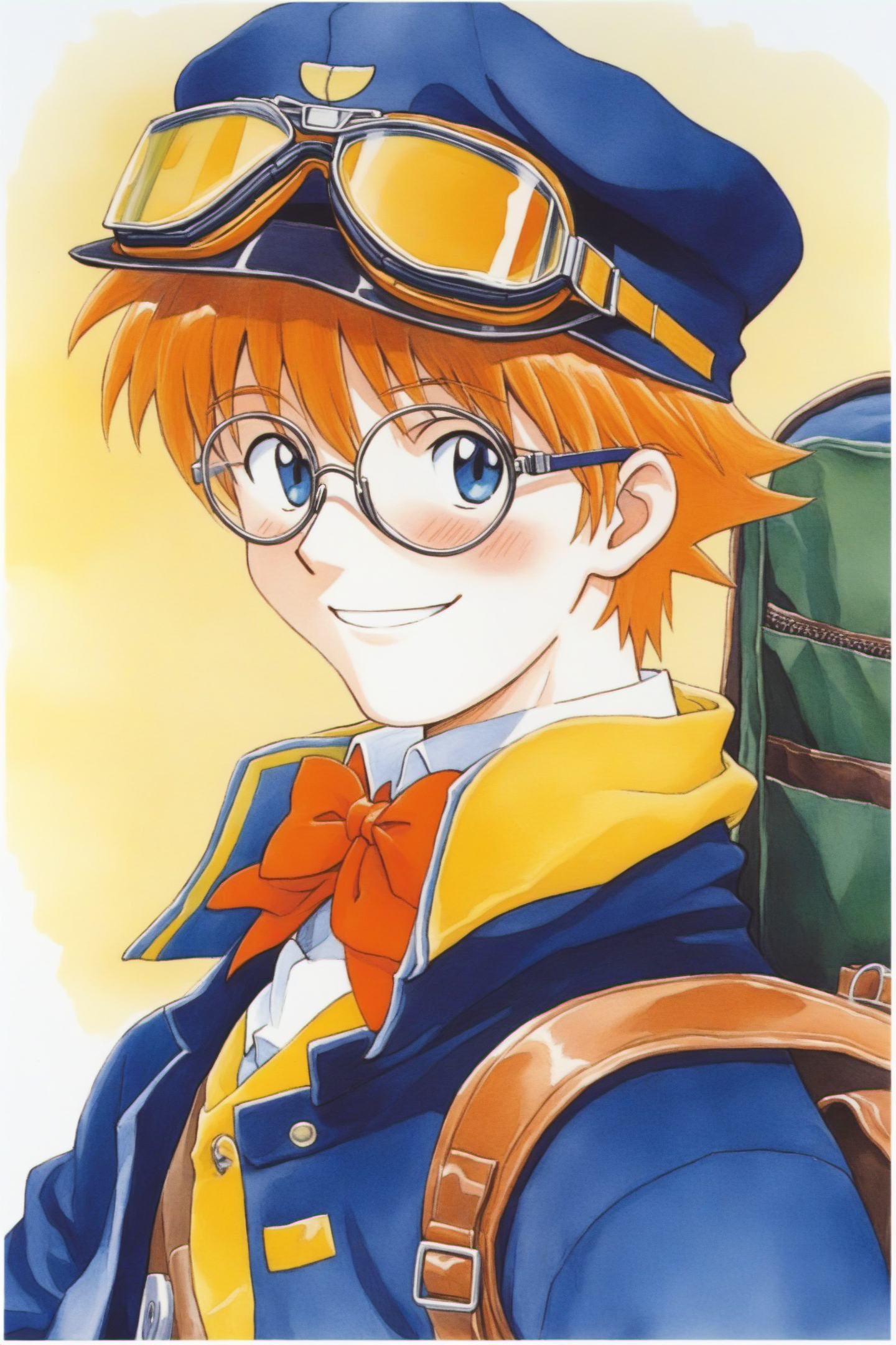 21669-1717772021-Jean Roque Lartigue, 1boy, solo, hat, goggles, glasses, male focus,bow, blue eyes, traditional media, smile, bowtie, orange hair.png